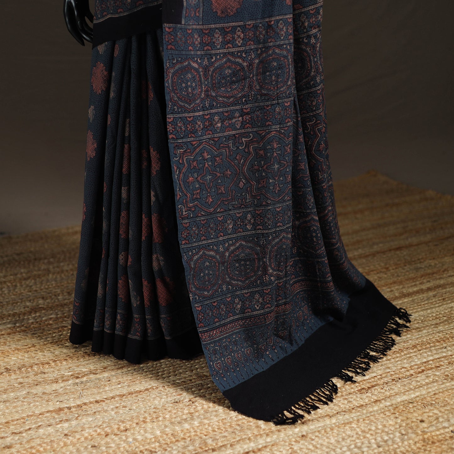 Handwoven Merino Wool Natural Dyed Hand Block Print Ajrakh Saree 14