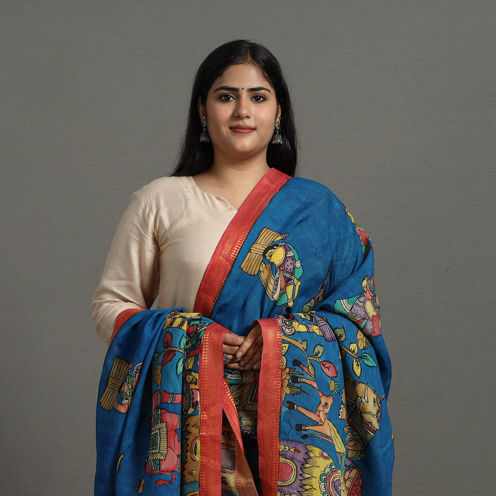 Blue - Chanderi Silk Srikalahasti Handpainted Pen Kalamkari Dupatta 21