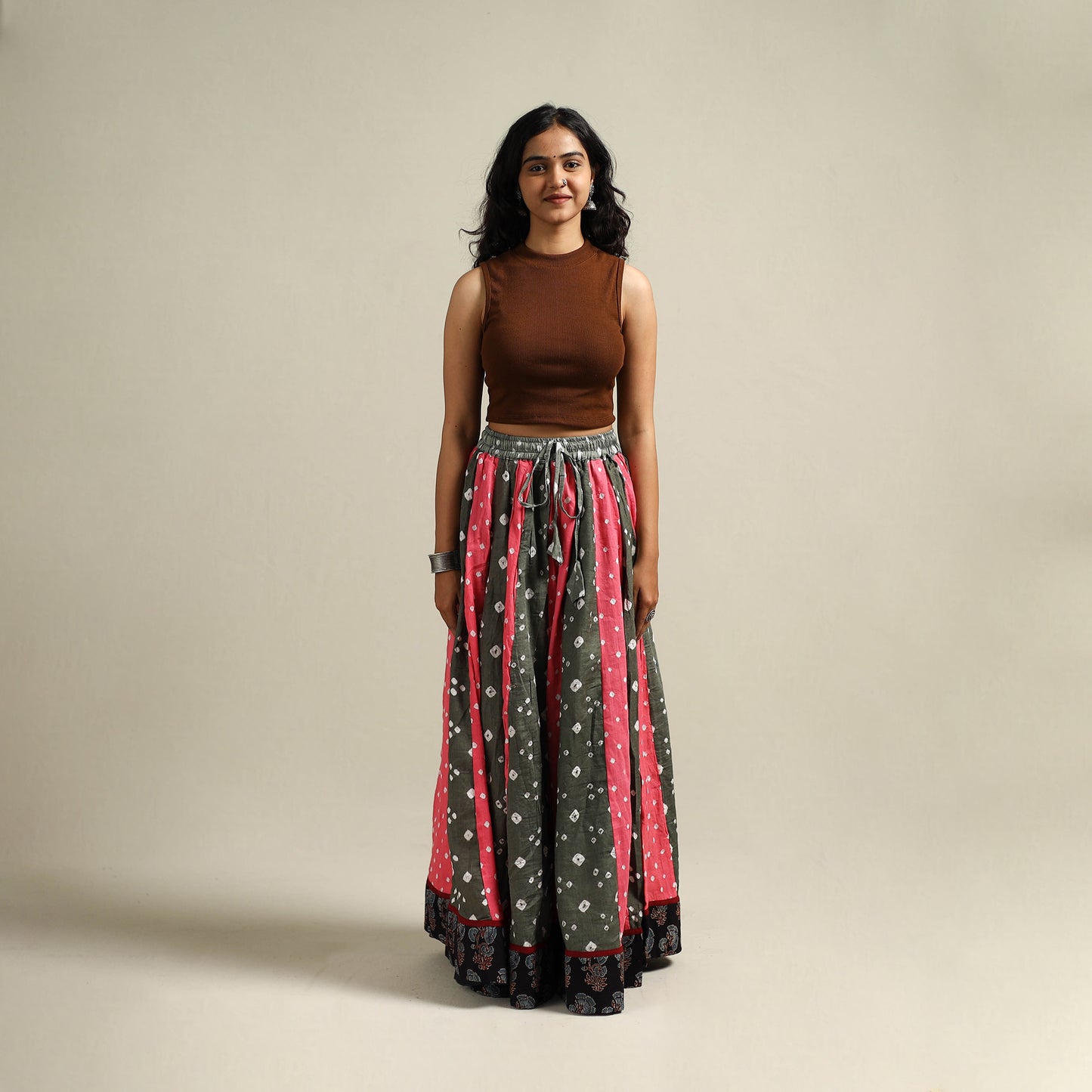 Multicolor - Bandhani Tie-Dye 24 Kali Patchwork Cotton Long Skirt 22