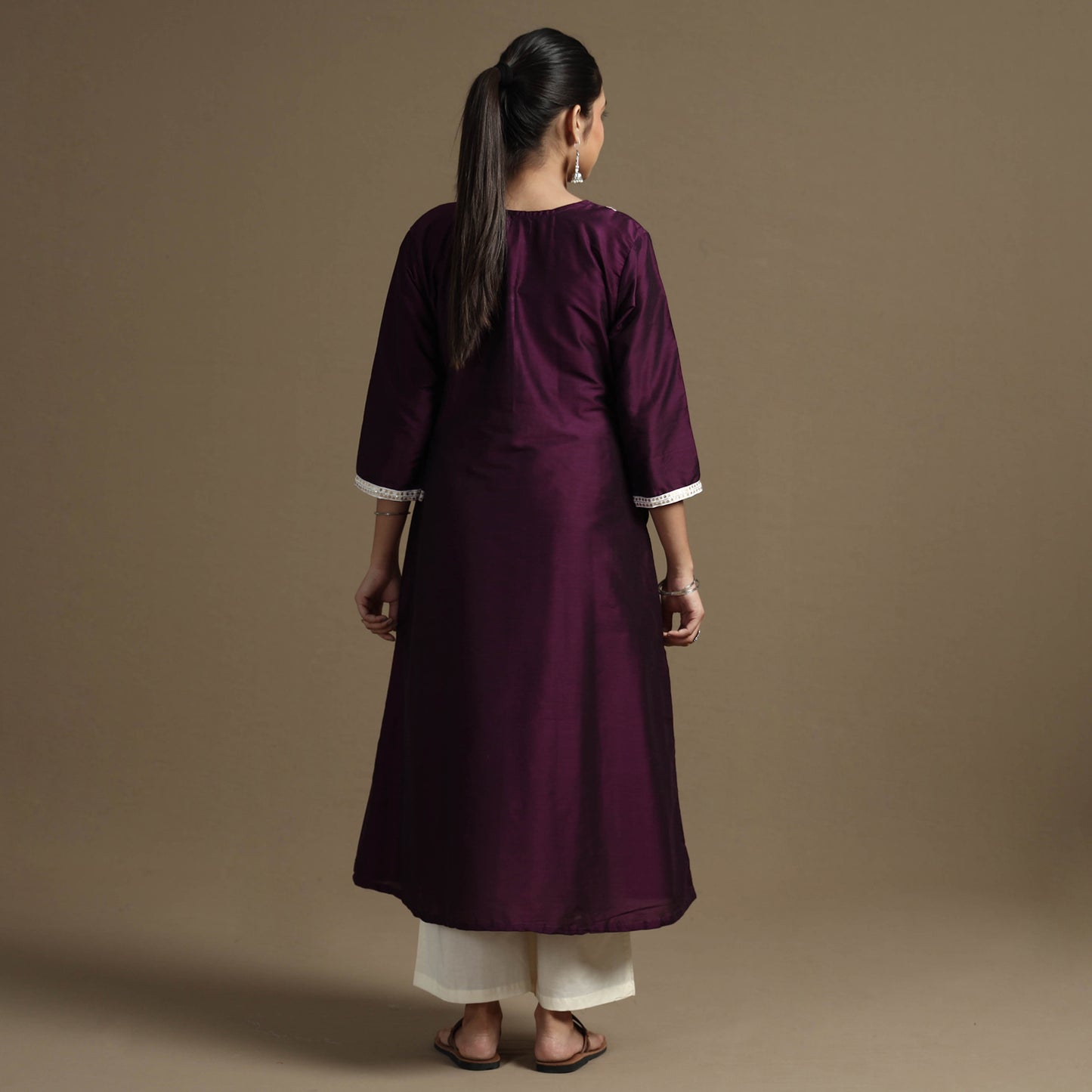 Byzantium Purple - Plain Solid Slub Silk A-Line Kurta with Beadwork Hand Embroidery Lace