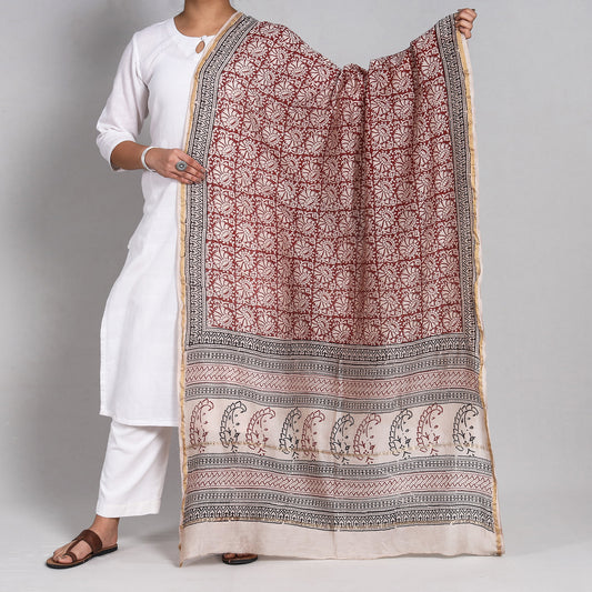 Red - Bagh Block Printed Chanderi Silk Handloom Dupatta