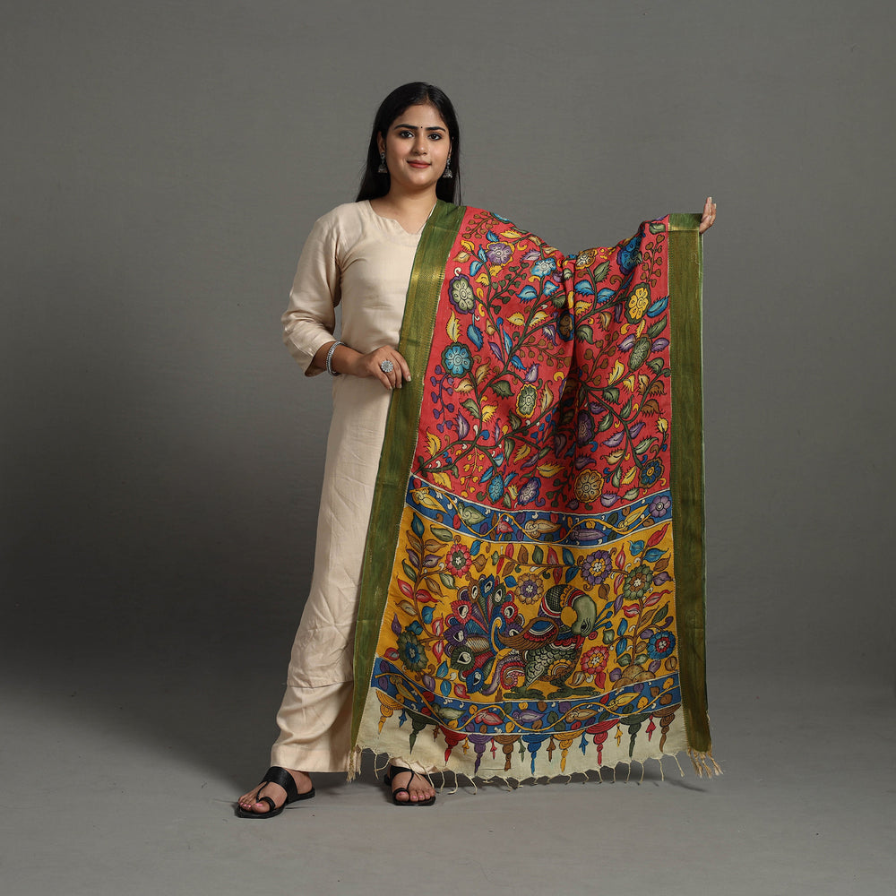 Red - Chanderi Silk Srikalahasti Handpainted Pen Kalamkari Dupatta 22