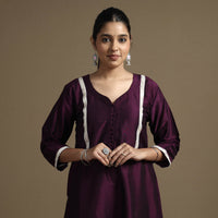 Byzantium Purple - Plain Solid Slub Silk A-Line Kurta with Beadwork Hand Embroidery Lace