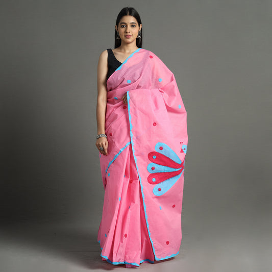 Pink - Applique Patti Kaam Pure Cotton Saree from Rampur 28