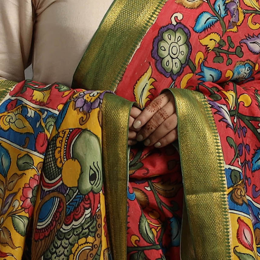 Red - Chanderi Silk Srikalahasti Handpainted Pen Kalamkari Dupatta 22