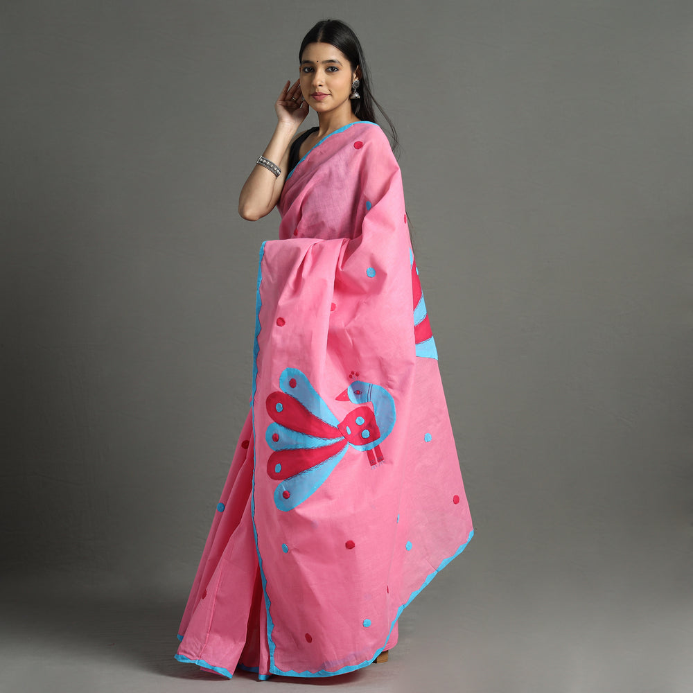 Pink - Applique Patti Kaam Pure Cotton Saree from Rampur 28