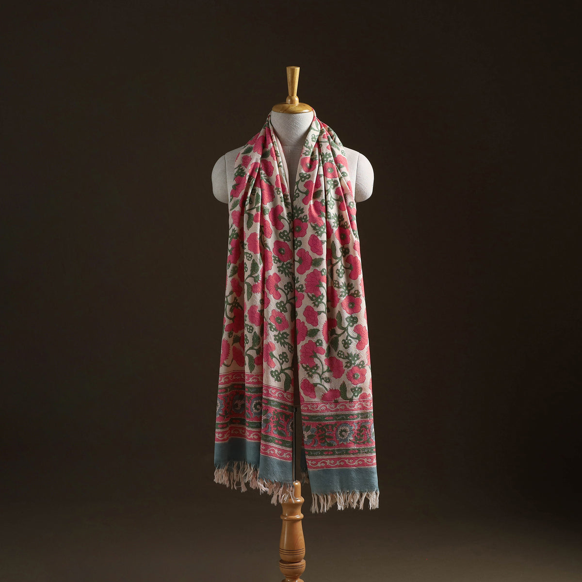 Floral Sanganeri Print Pure Merino Wool Handwoven Shawl 89