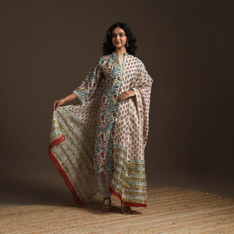 Multicolor - Chanderi Silk Block Print Sanganeri Suit Set with Dupatta for women 09