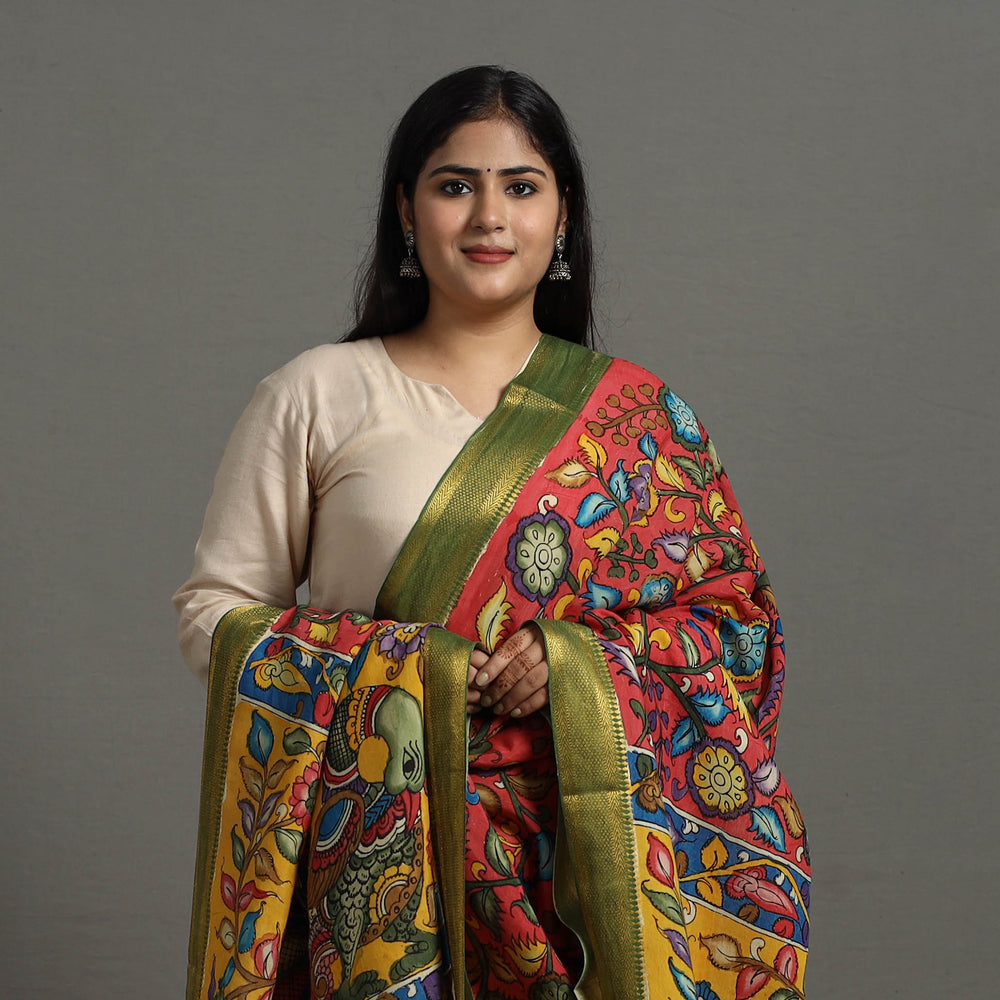 Red - Chanderi Silk Srikalahasti Handpainted Pen Kalamkari Dupatta 22