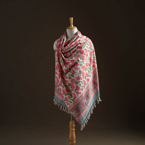 Floral sanganeri print pure merino wool handwoven shawl 89