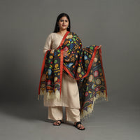 Black - Chanderi Silk Srikalahasti Handpainted Pen Kalamkari Dupatta 23