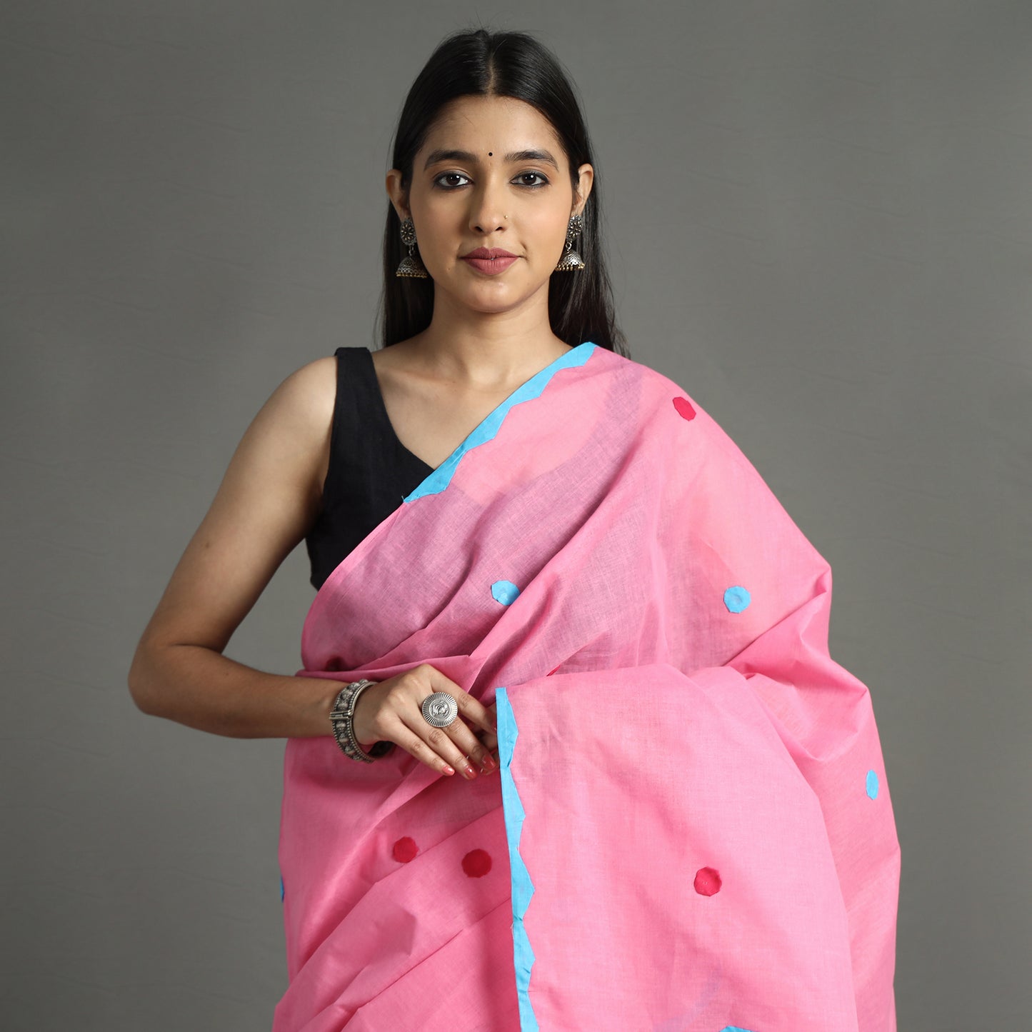 Pink - Applique Patti Kaam Pure Cotton Saree from Rampur 28
