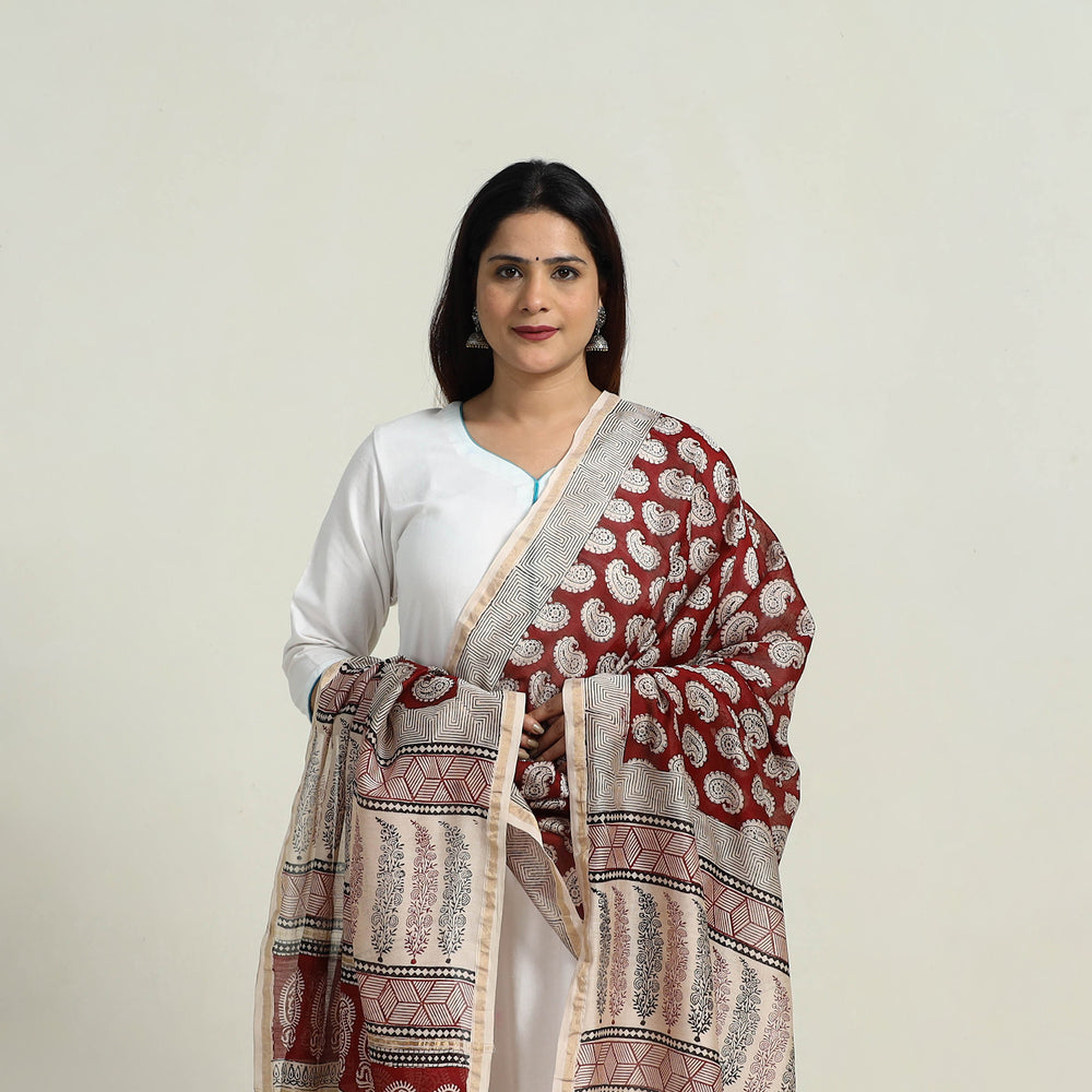 Red - Natural Dyed Hand Block Print Chanderi Silk Bagh Dupatta 13