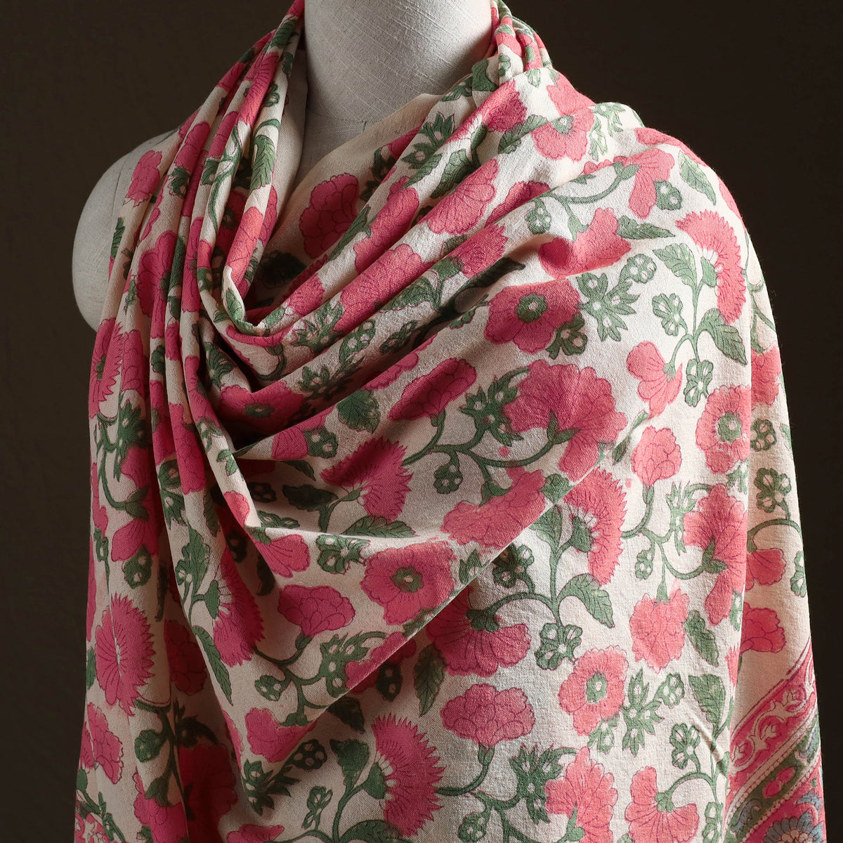 Floral Sanganeri Print Pure Merino Wool Handwoven Shawl 89