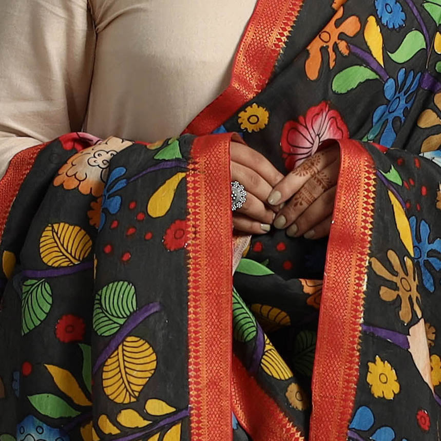 Black - Chanderi Silk Srikalahasti Handpainted Pen Kalamkari Dupatta 23