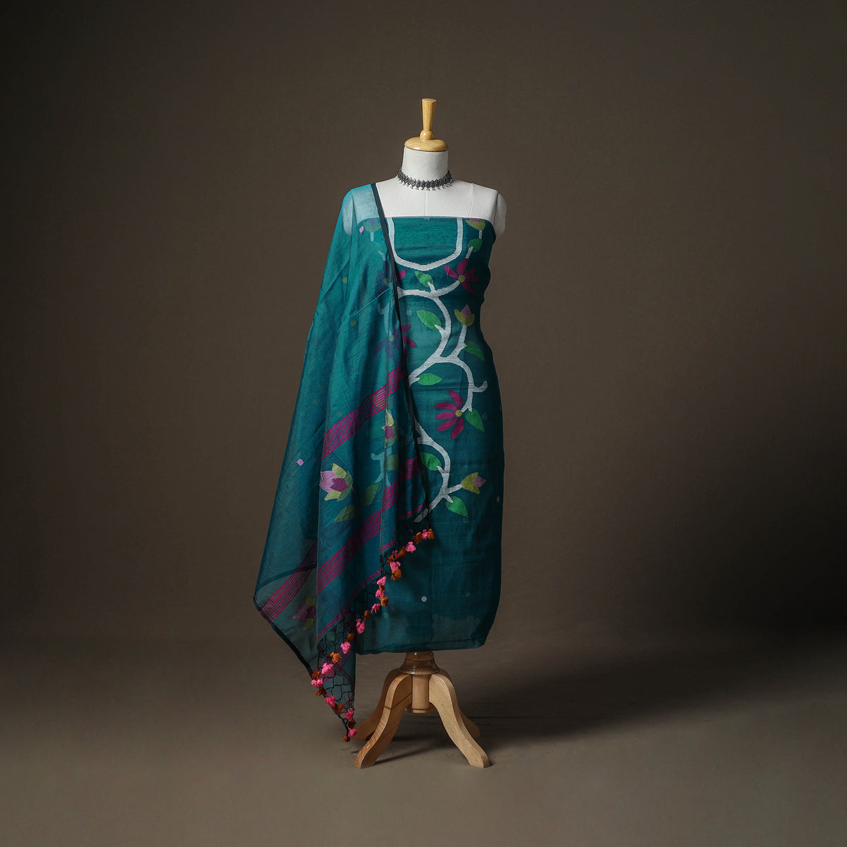 Green - jamdani pure handloom muslin unstitched dress