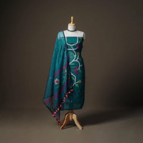 Green - Jamdani Pure Handloom Muslin Unstitched Dress Material: Kurta with Dupatta 37