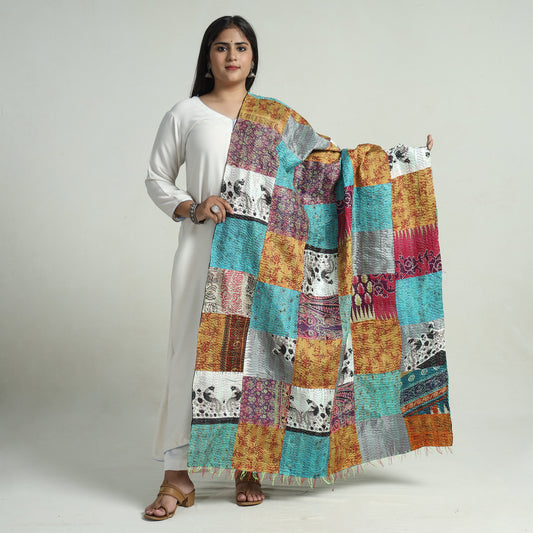 Multicolor - Bengal Kantha Embroidery Patchwork Reversible Silk Dupatta 46