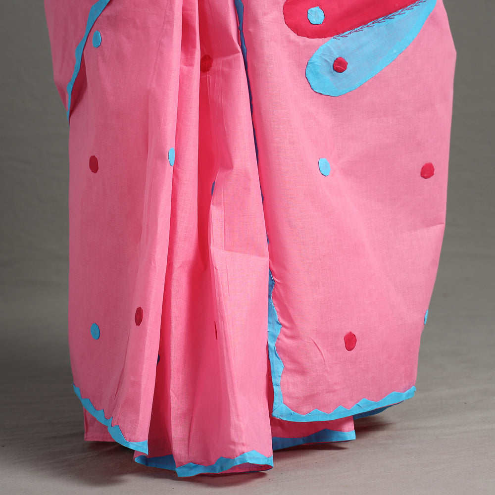 Pink - Applique Patti Kaam Pure Cotton Saree from Rampur 28