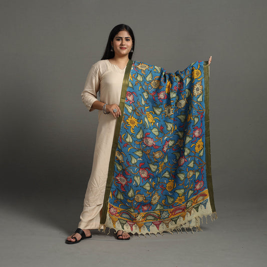 Blue - Chanderi Silk Srikalahasti Handpainted Pen Kalamkari Dupatta 24