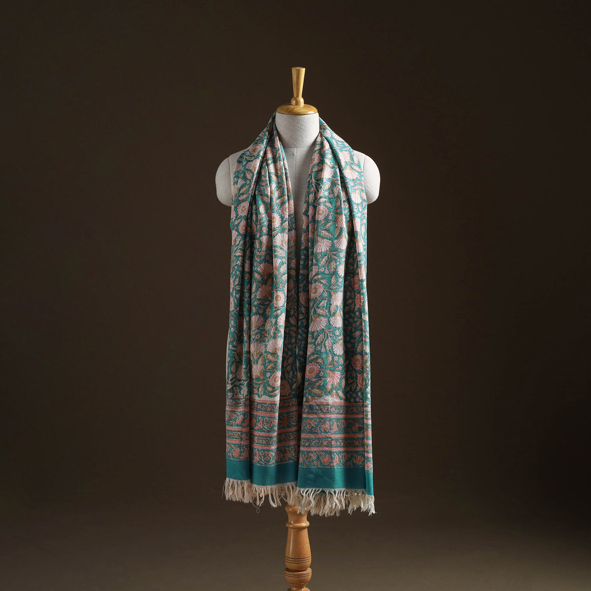 Floral Sanganeri Print Pure Merino Wool Handwoven Shawl 90