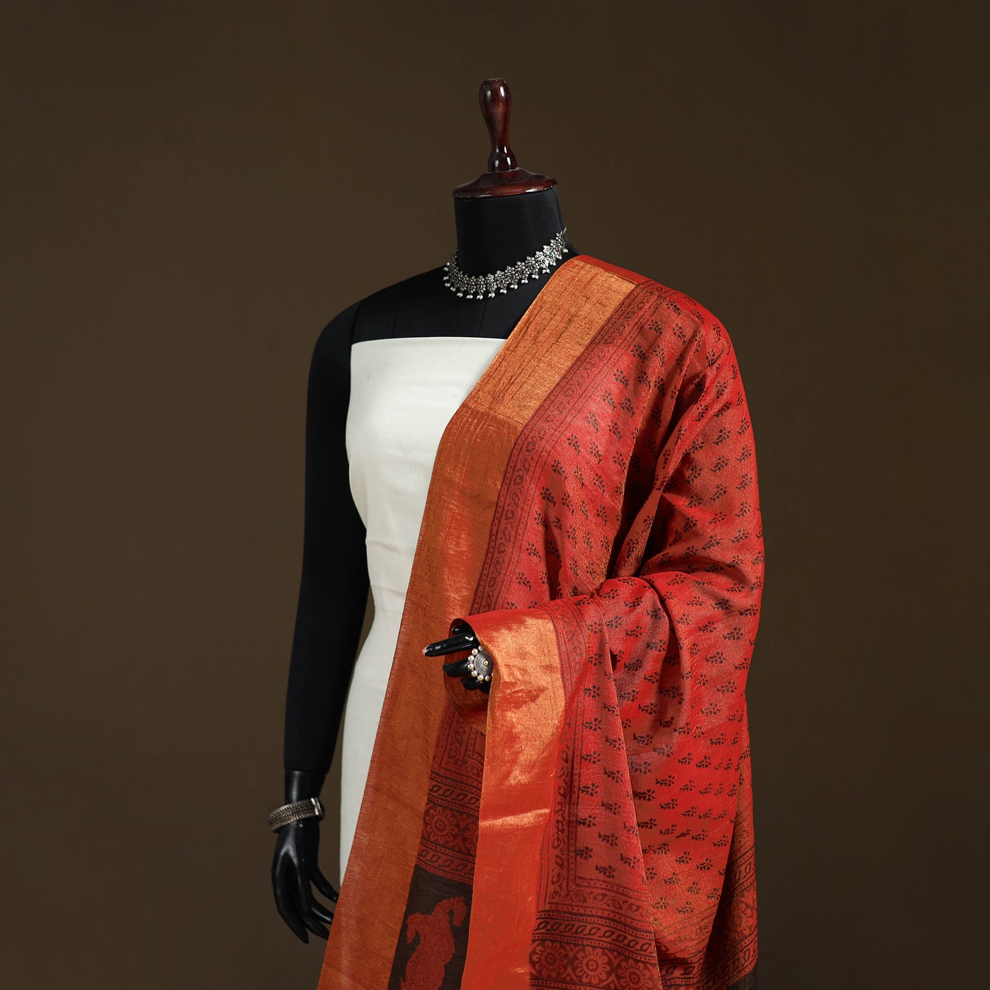 Bagh Hand Block Print Natural Dyed Tissue Zari Chanderi Silk Dupatta 29