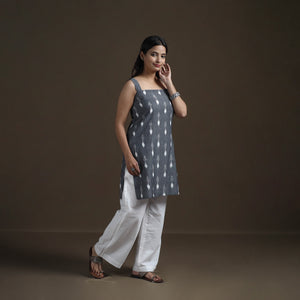 Grey - Pochampally Ikat Cotton Sleeveless Short Kurta for Women 27
