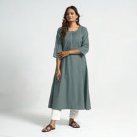 Light Green - Plain Running Stitch Cotton Pintuck A-Line Long Kurta