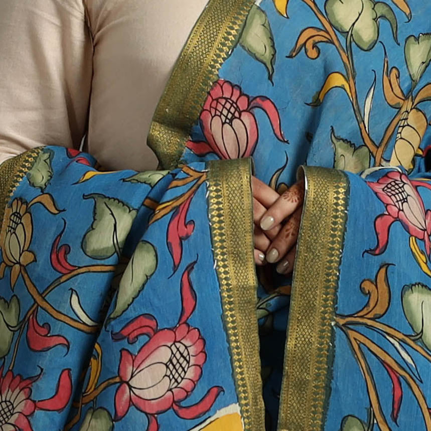 Blue - Chanderi Silk Srikalahasti Handpainted Pen Kalamkari Dupatta 24