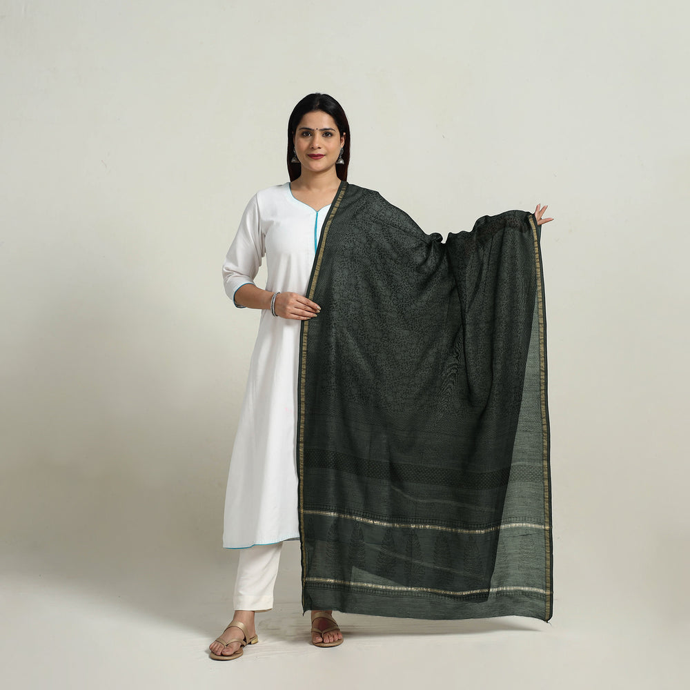 Green - Natural Dyed Hand Block Print Chanderi Silk Bagh Dupatta 15