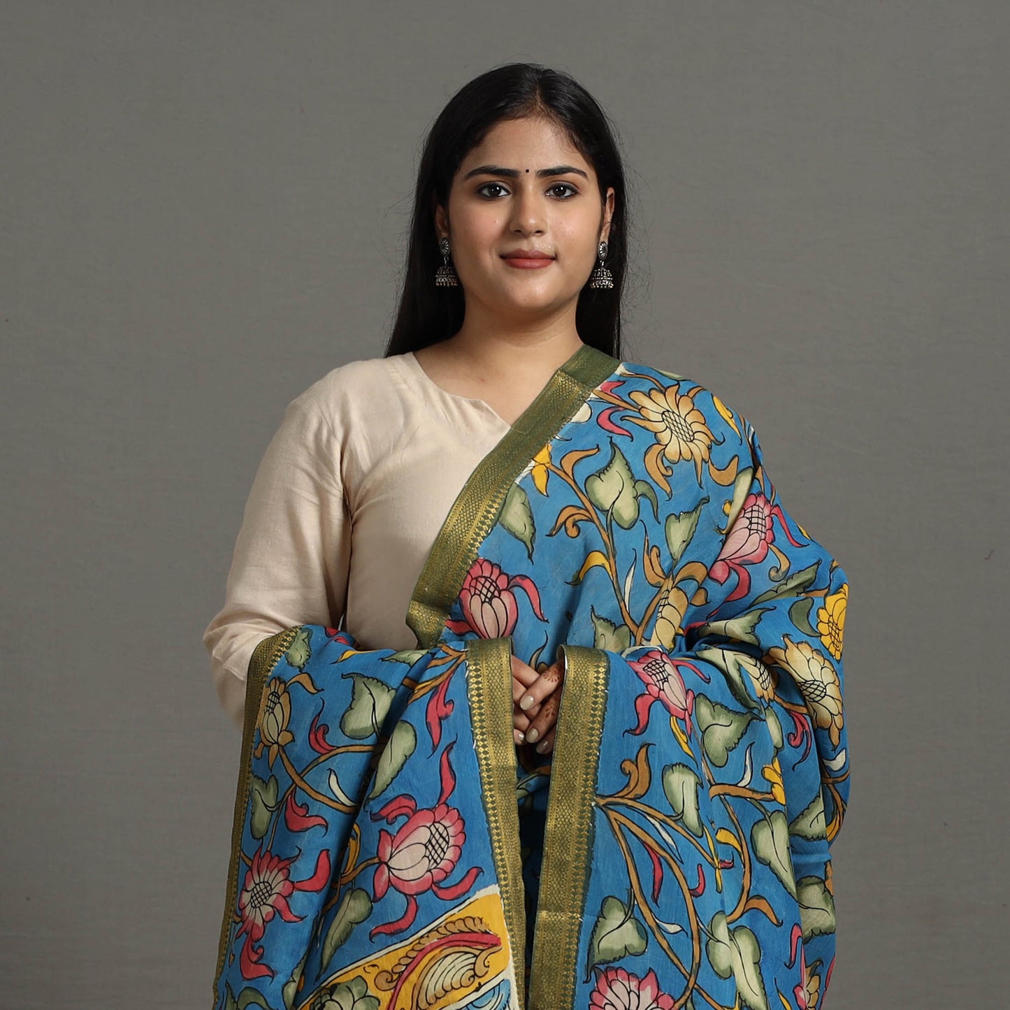 Blue - Chanderi Silk Srikalahasti Handpainted Pen Kalamkari Dupatta 24