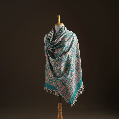 Floral sanganeri print pure merino wool handwoven shawl 90