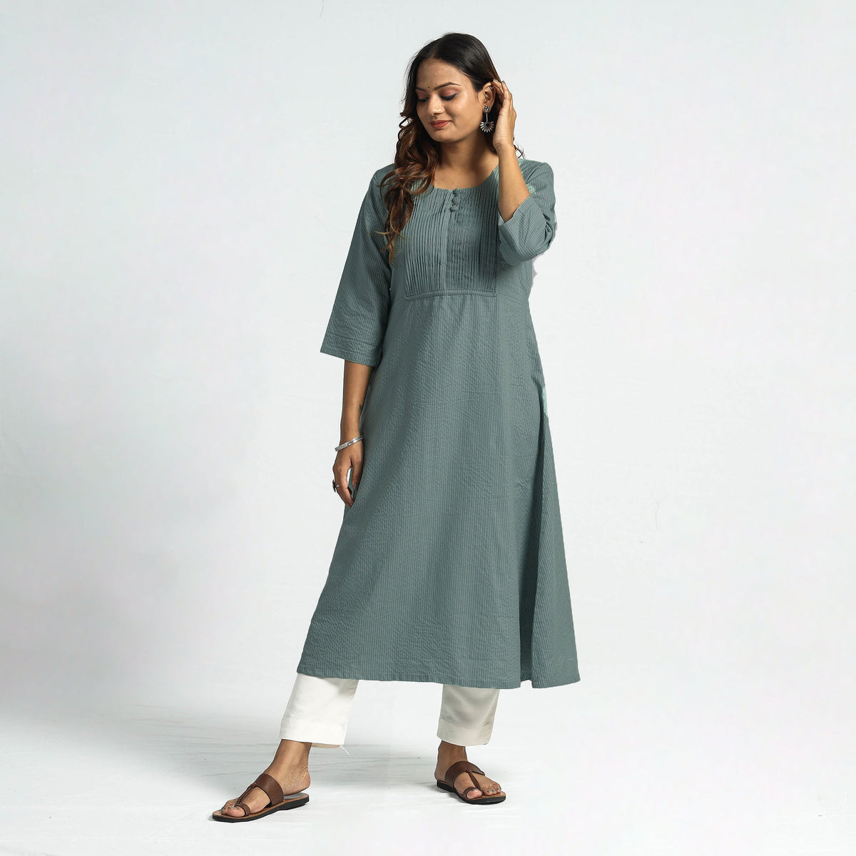 Light Green - Plain Running Stitch Cotton Pintuck A-Line Long Kurta