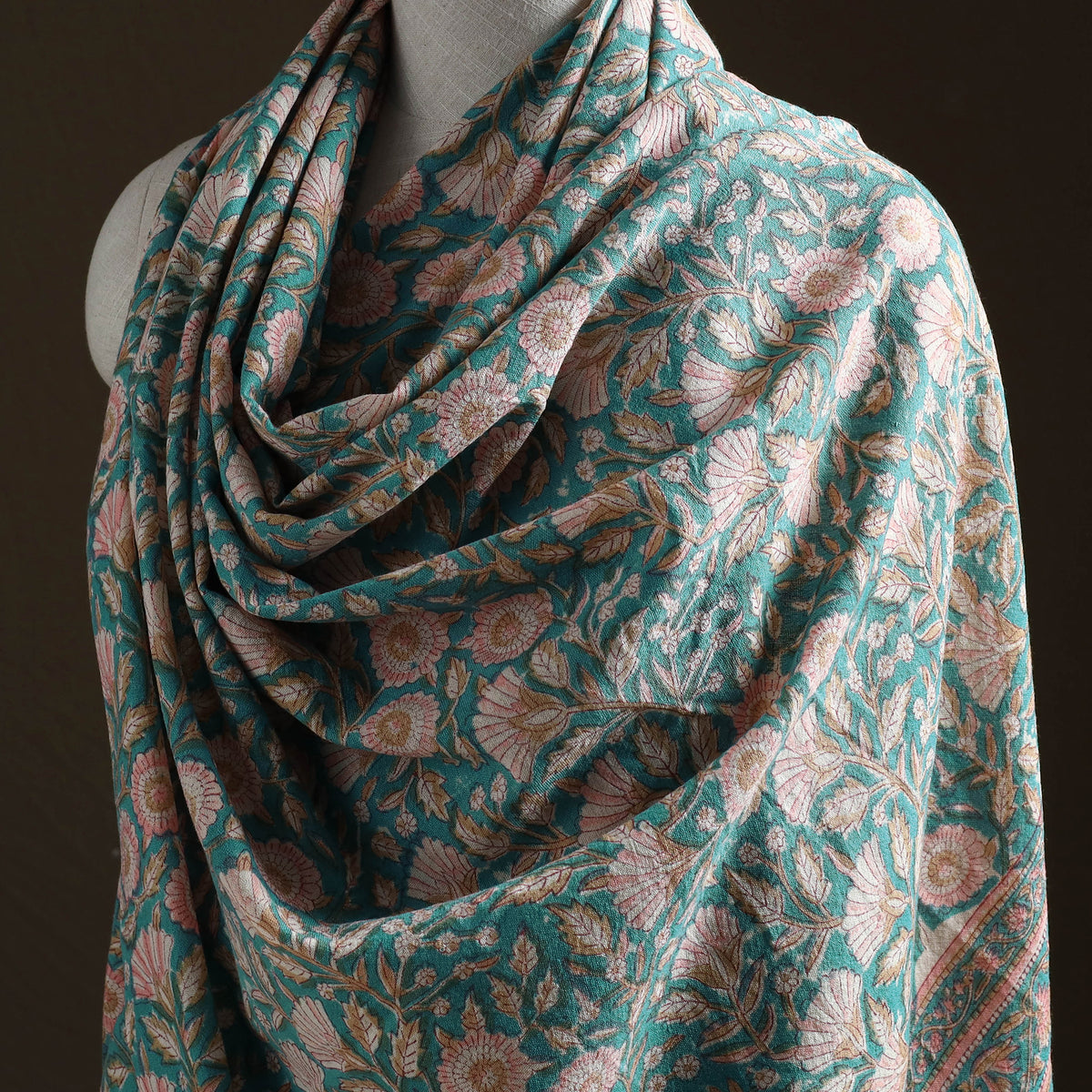 Floral Sanganeri Print Pure Merino Wool Handwoven Shawl 90