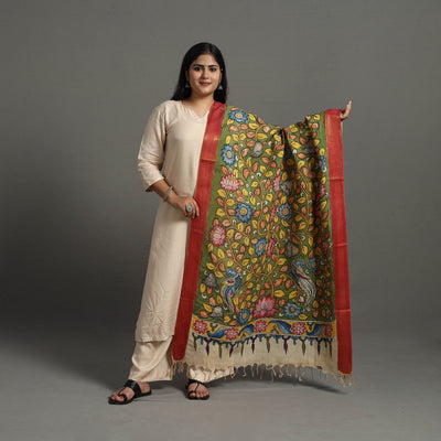 Green - Chanderi Silk Srikalahasti Handpainted Pen Kalamkari Dupatta 25