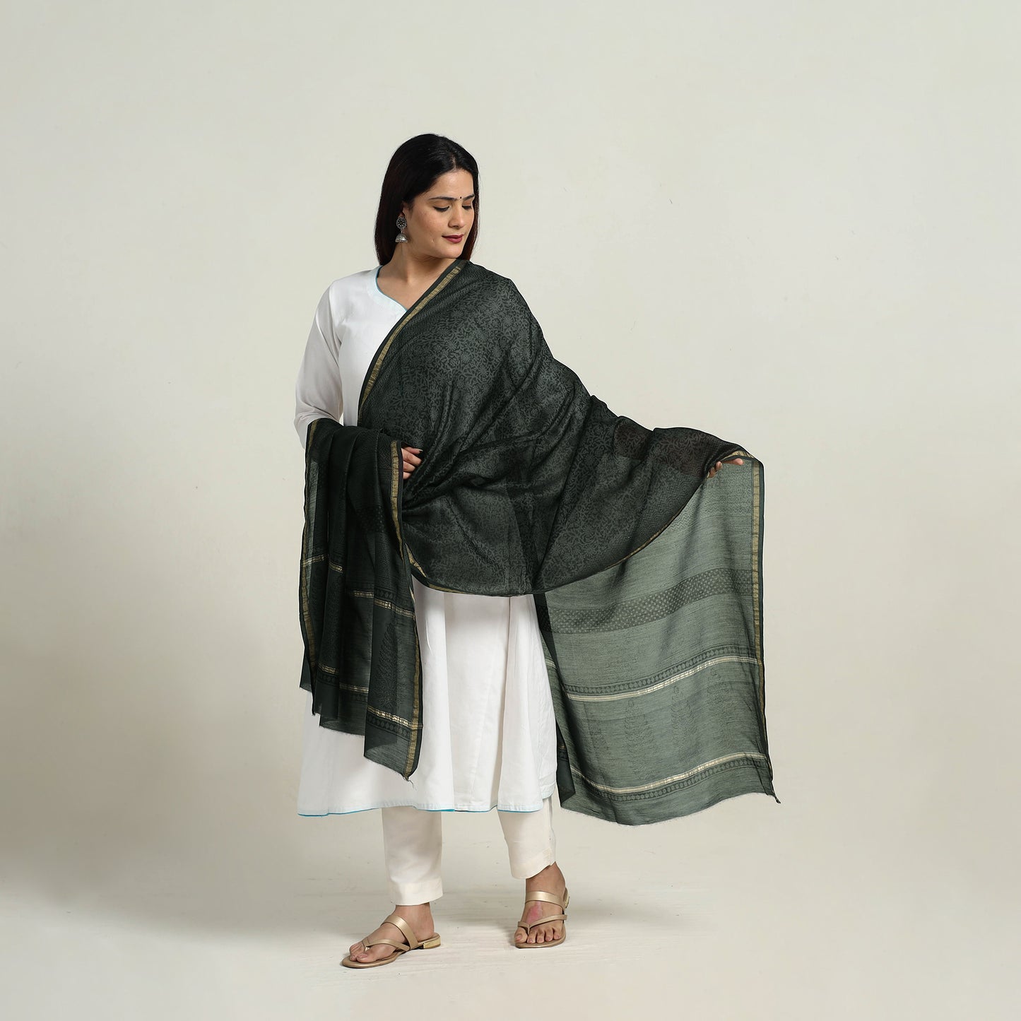 Green - Natural Dyed Hand Block Print Chanderi Silk Bagh Dupatta 15