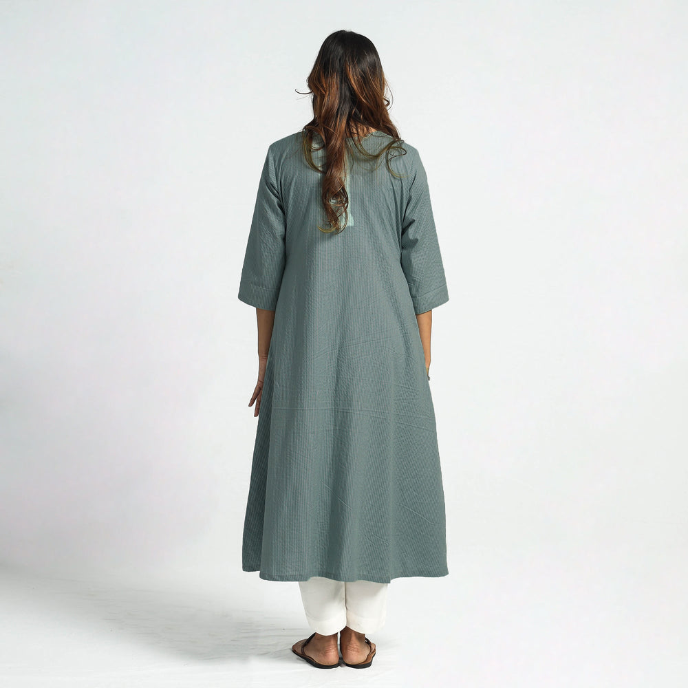 Light Green - Plain Running Stitch Cotton Pintuck A-Line Long Kurta