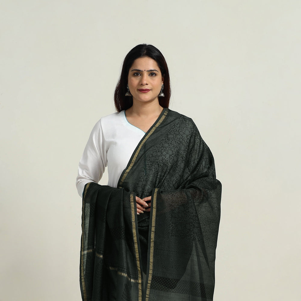 Green - Natural Dyed Hand Block Print Chanderi Silk Bagh Dupatta 15