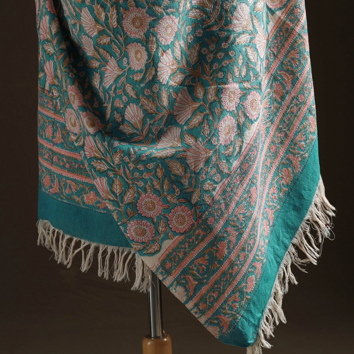 Floral Sanganeri Print Pure Merino Wool Handwoven Shawl 90