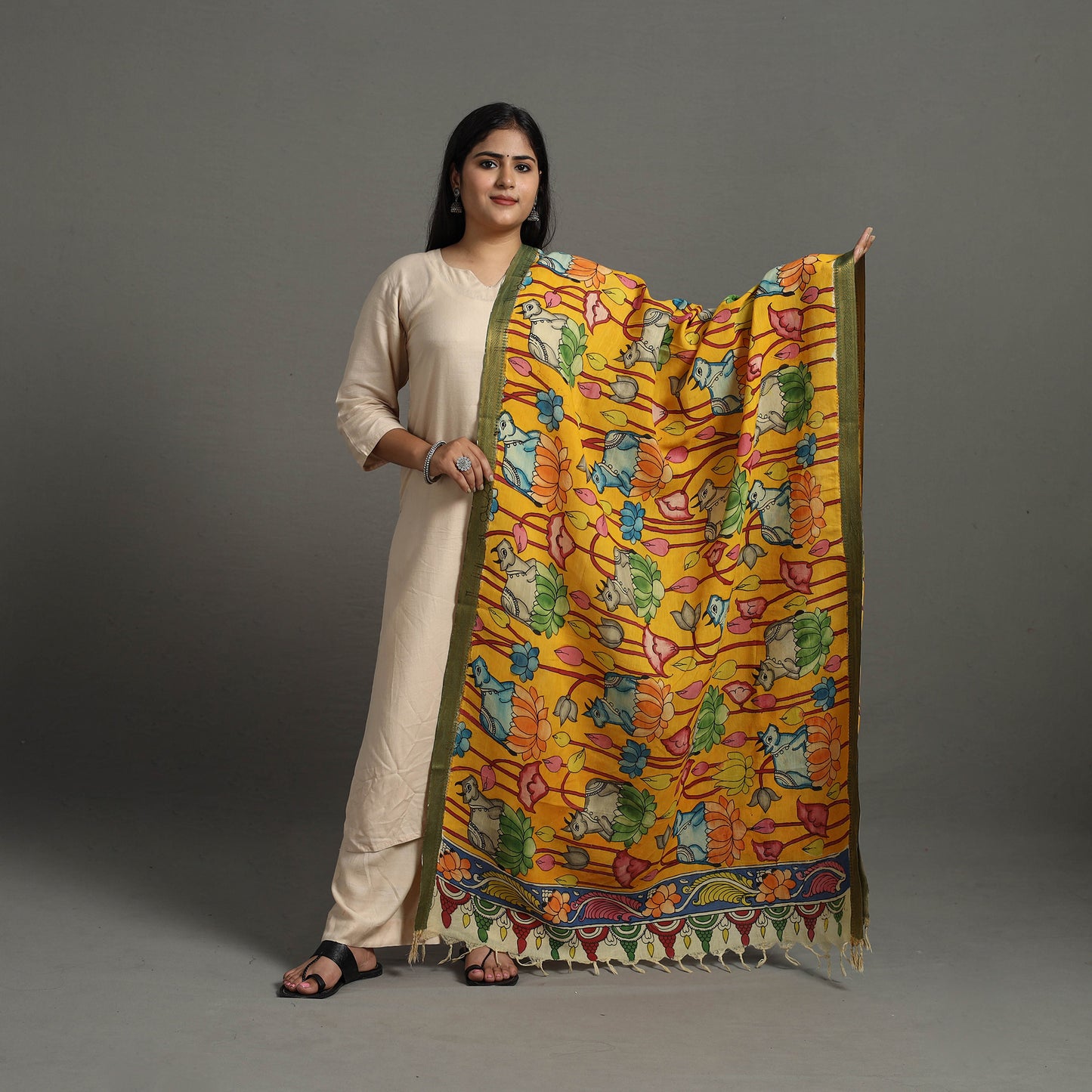 Yellow - Chanderi Silk Srikalahasti Handpainted Pen Kalamkari Dupatta 26