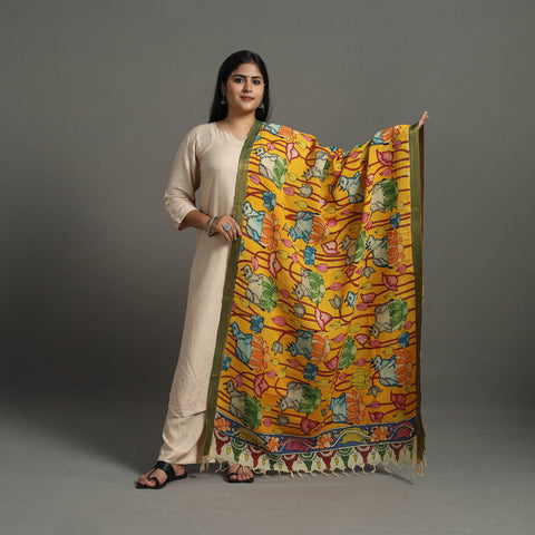 Yellow - Chanderi Silk Srikalahasti Handpainted Pen Kalamkari Dupatta 26