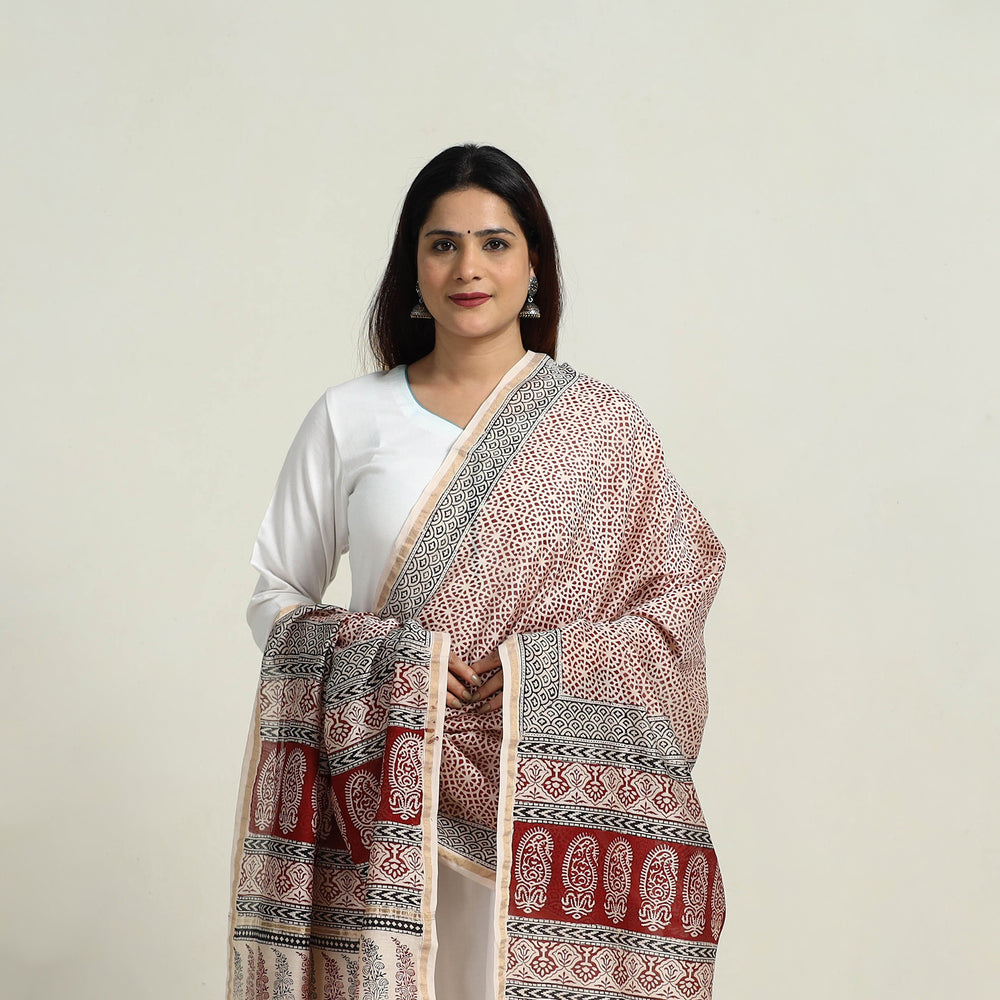 Red - Natural Dyed Hand Block Print Chanderi Silk Bagh Dupatta 16