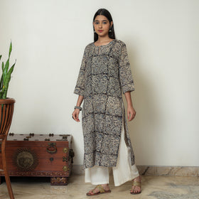 Kalamkari Block Print Mul Cotton Straight Kurta For Women