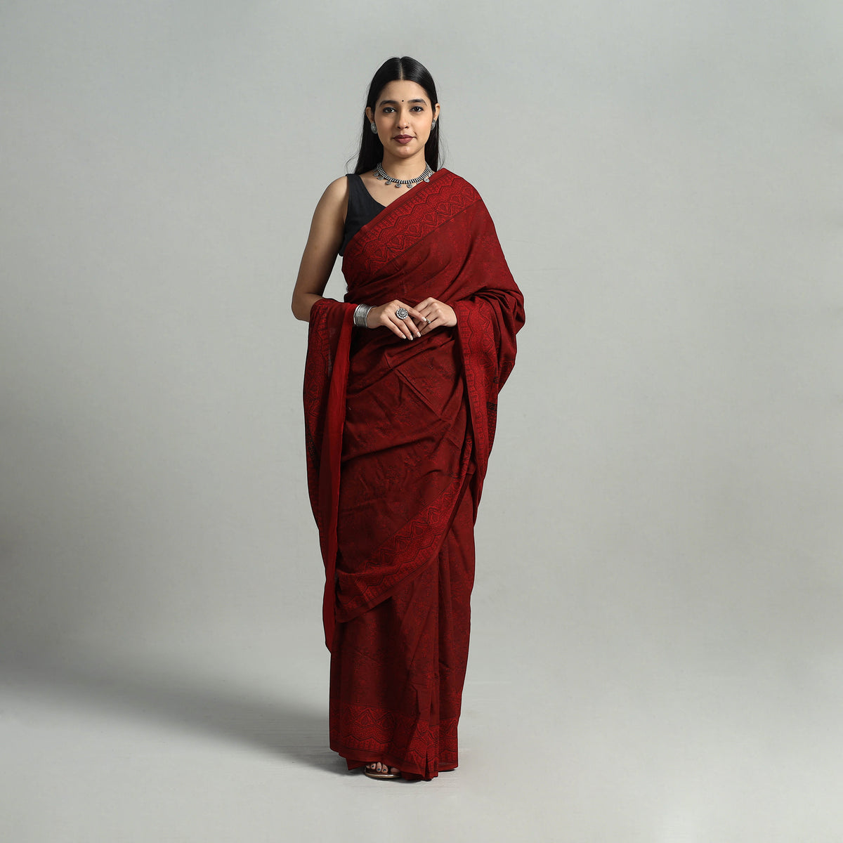 Red - Hand Block Printed Cotton Bagh Saree 11