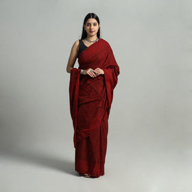 Red - Hand Block Printed Cotton Bagh Saree 11