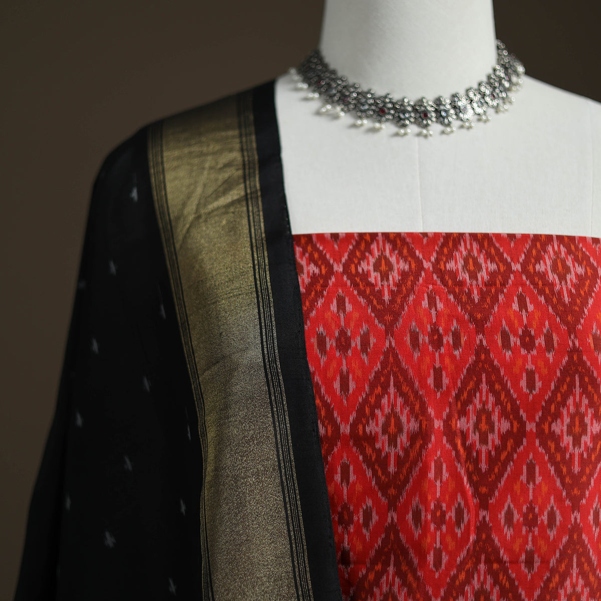 Pochampally Ikat Handloom Sico Unstitched Dress Material: Kurta with Dupatta 04