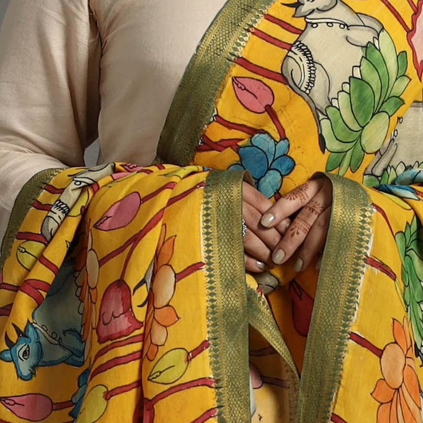 Yellow - Chanderi Silk Srikalahasti Handpainted Pen Kalamkari Dupatta 26