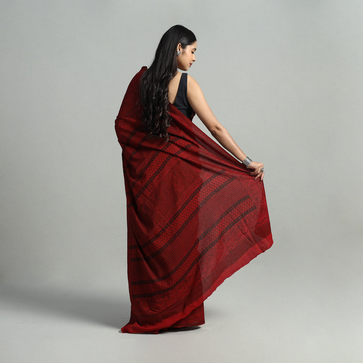 Red - Hand Block Printed Cotton Bagh Saree 11