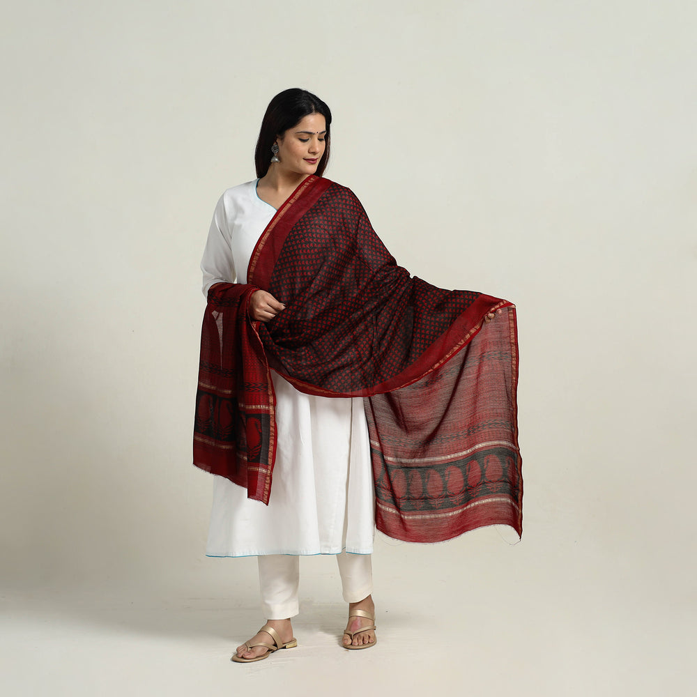 Red - Natural Dyed Hand Block Print Chanderi Silk Bagh Dupatta 17