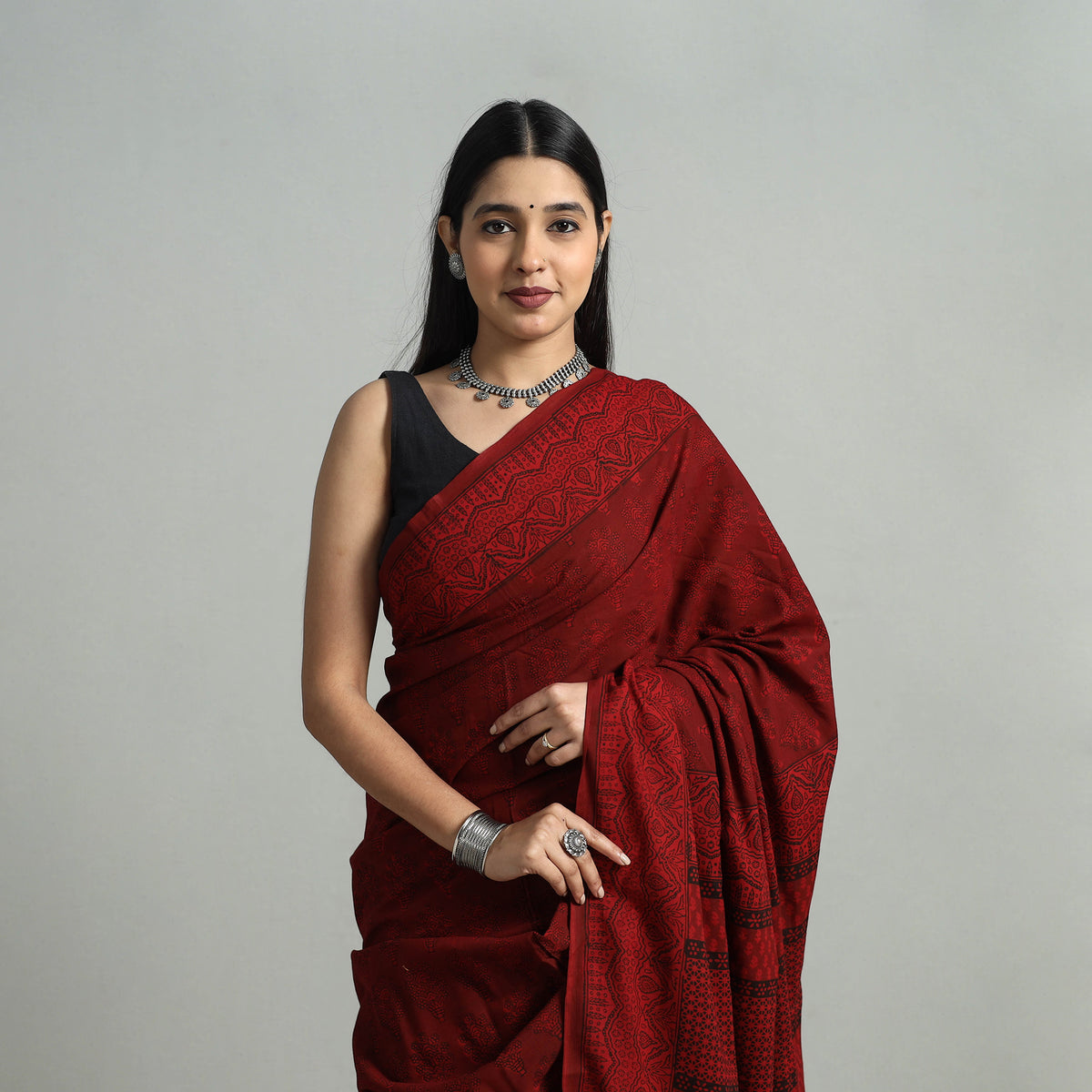 Red - Hand Block Printed Cotton Bagh Saree 11